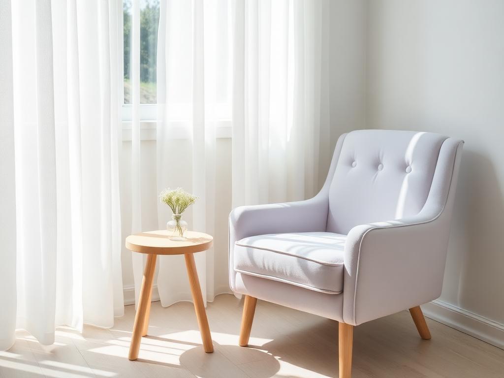 Poltrona lilás ao lado de uma mesinha de madeira com flores, em uma sala silenciosa